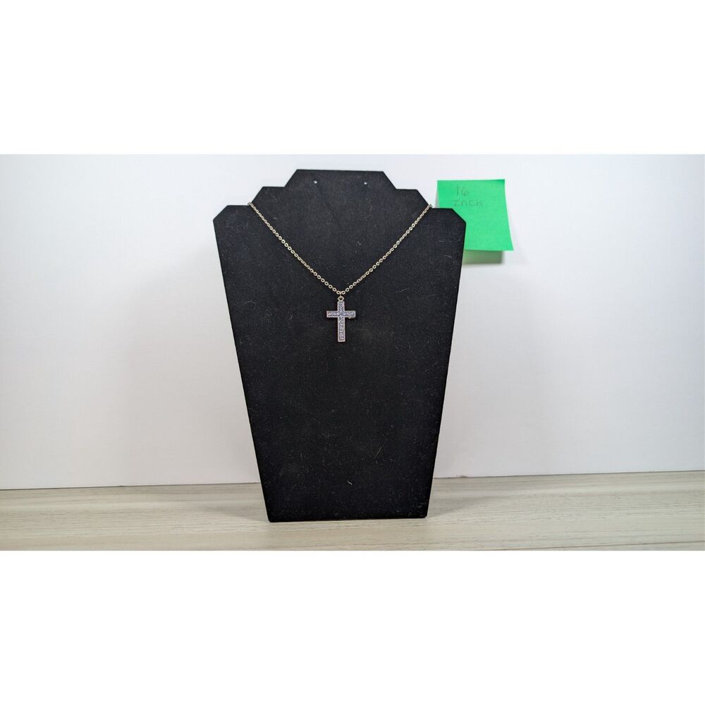 16" Silver Tone Cross Necklace Blue Enamel Religious Christian Pendant Unisex